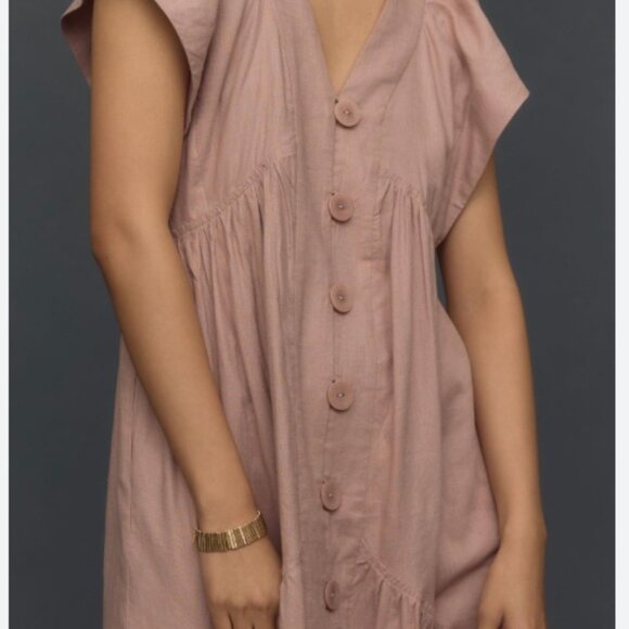 The Reneé Flutter-Sleeve Linen Button-Front Midi Dress, Mauve XS - Picture 3 of 4